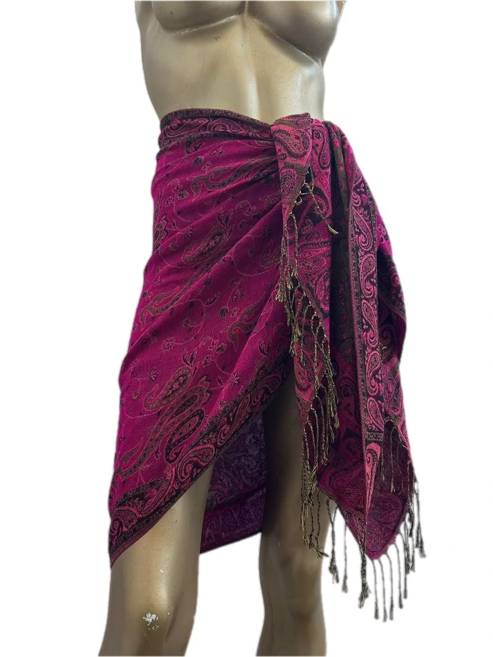 100% Pashmina reversible scarf with fringe Magenta Paisley Reversible 71x27.5
